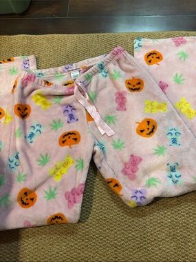 Weekending Pink Plush Pajama Bottom Pants Weed Pumpkin & Gummy Bear Print